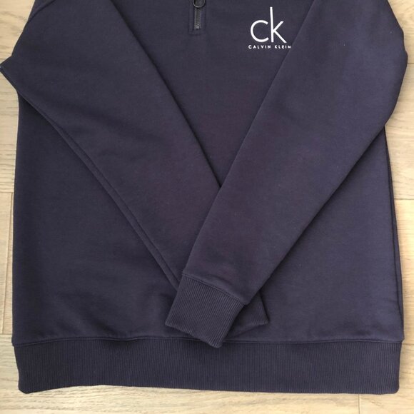 Calvin Klein Jeans 1/4 Zip Hi Collar Sweatshirt Top Navy w Blue Wht Logo Sz L - Picture 2 of 9